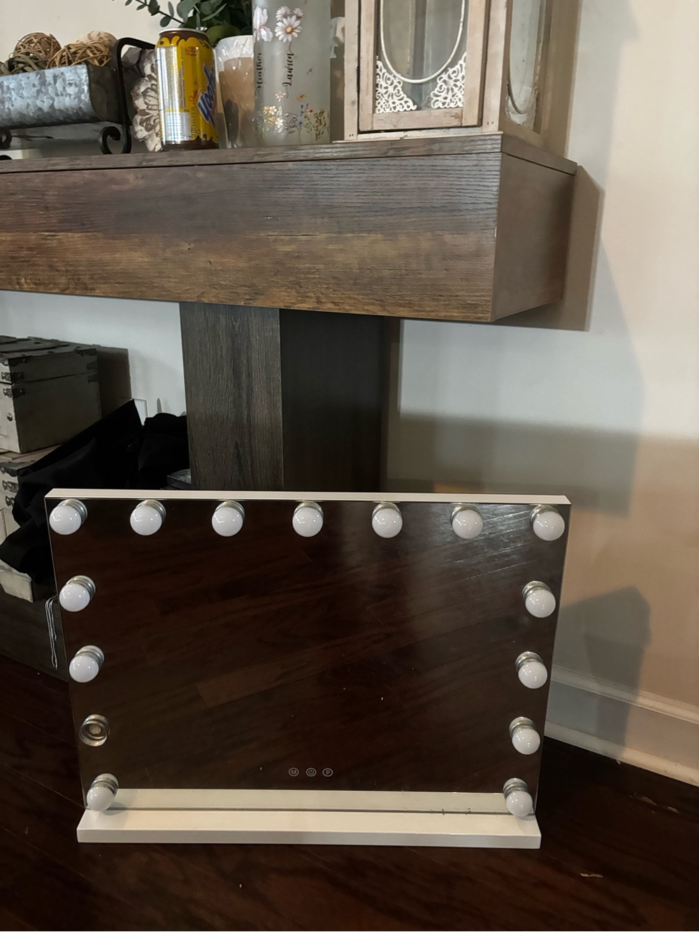 Vanity Mirror with Lights - White Frame, Brown Backing